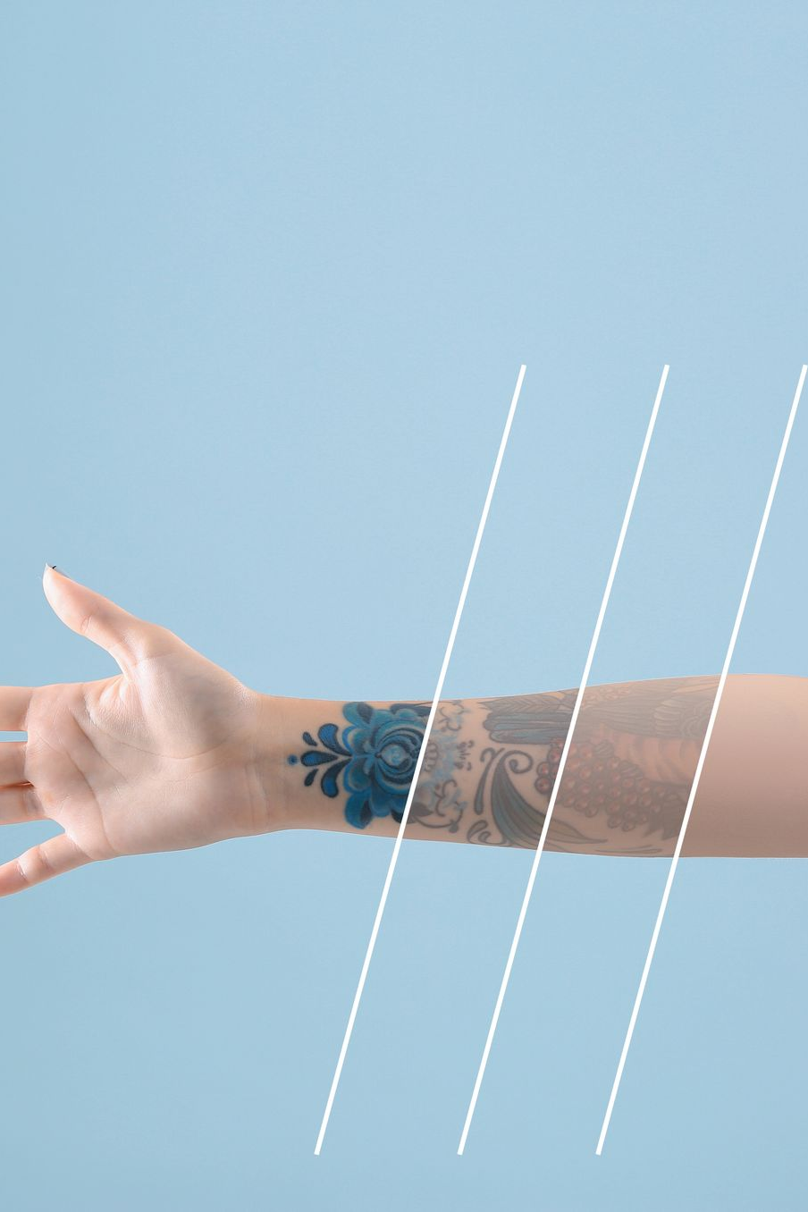 Arm with tattoos reaching out; blue background, white lines.