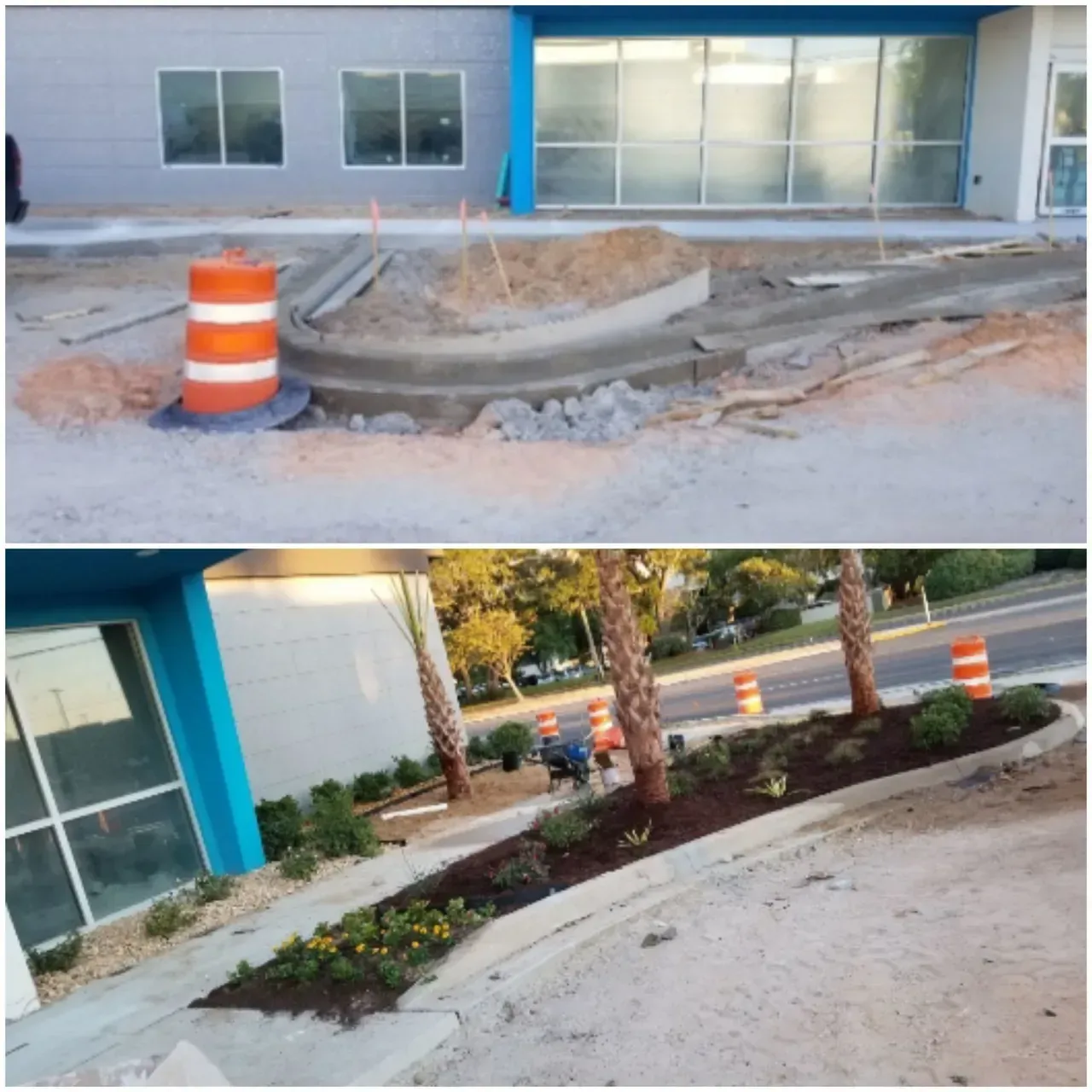 Top: Construction site with concrete curb and orange traffic cone. Bottom: Landscaped curb with plants and trees.