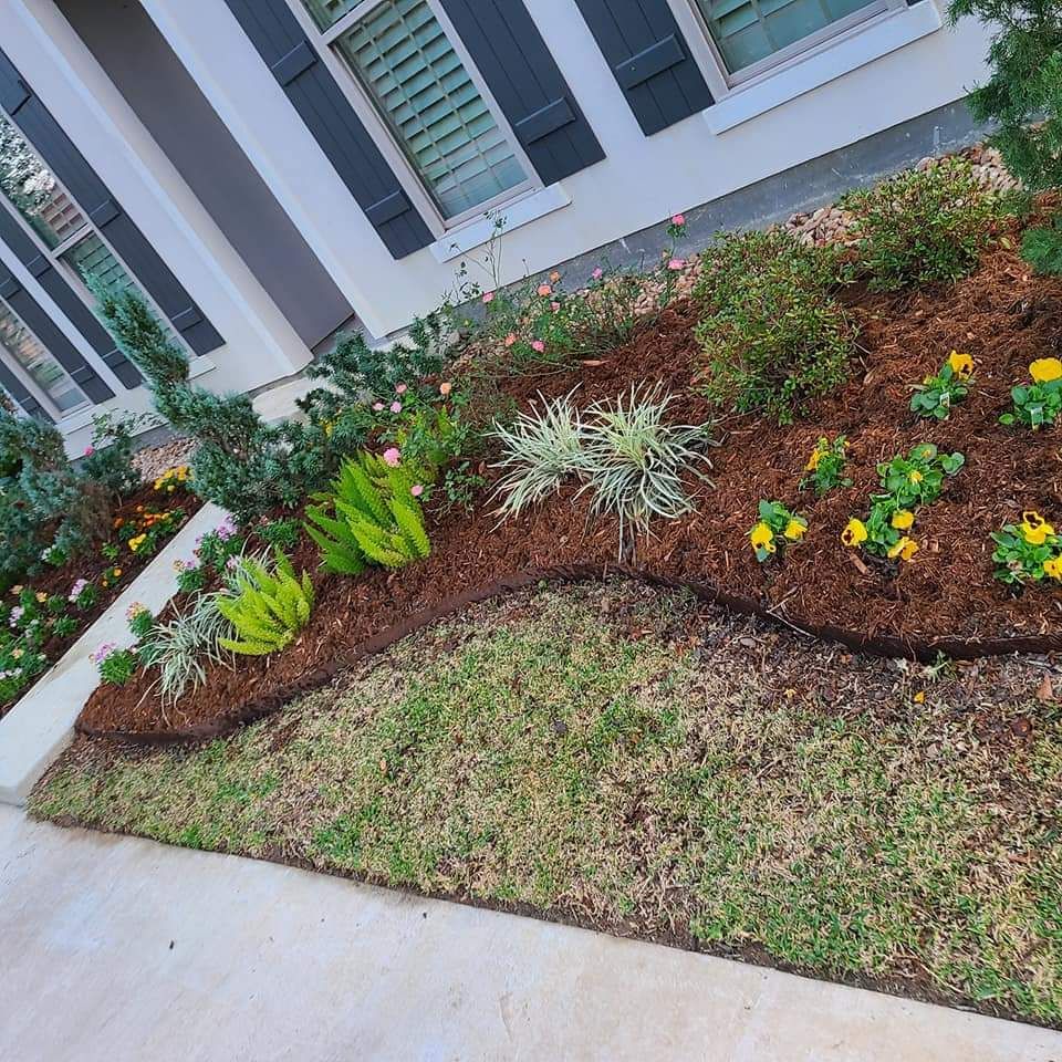 A landscaped garden bed with mulch, plants, and yellow flowers borders a green lawn in front of a house.