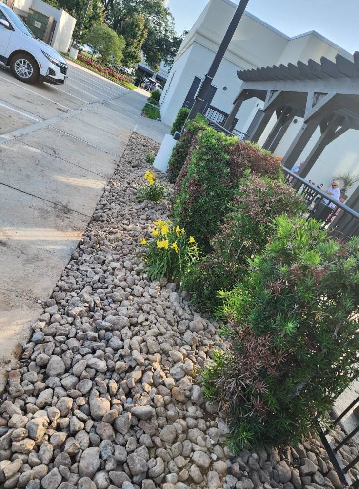 Gravel and stone landscaping with green and red bushes, and a car on the side of a building.