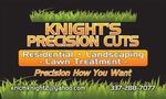 Business card for Knight's Precision Cuts: lawn care service. Text over a black background with green grass accents and contact info.