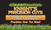 Business card for Knight's Precision Cuts: lawn care service. Text over a black background with green grass accents and contact info.