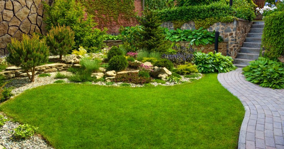 Lush green garden with a stone pathway, steps, and various plants.