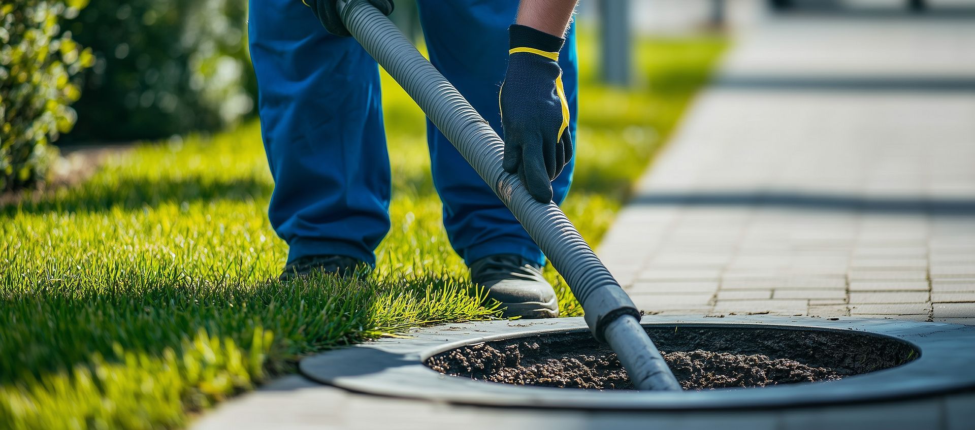 Close-up of an individual using a hose for septic tank cleaning in a green, well-kept yard