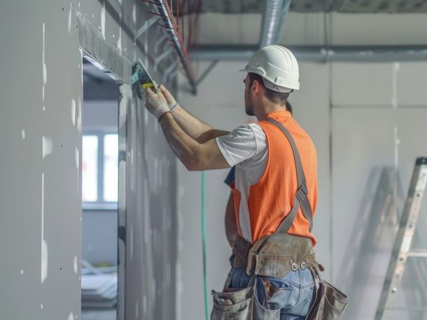 A construction worker is measuring a wall with a tape measure.