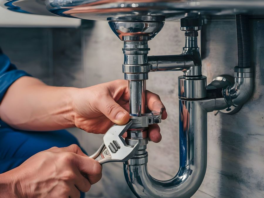 A plumber is fixing a sink pipe with a wrench.