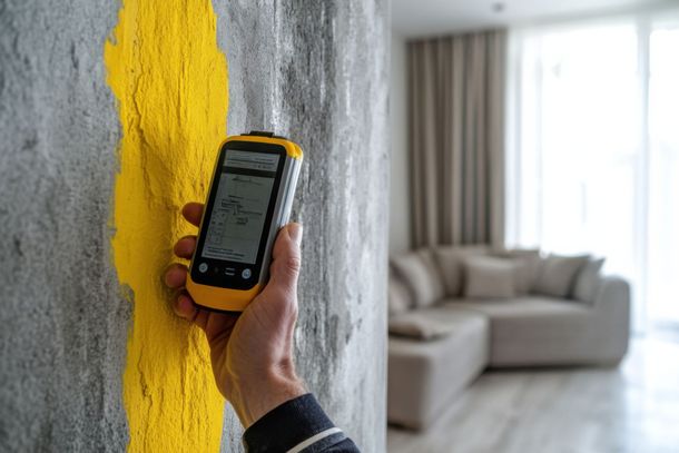 A person is holding a cell phone in front of a wall in a living room.