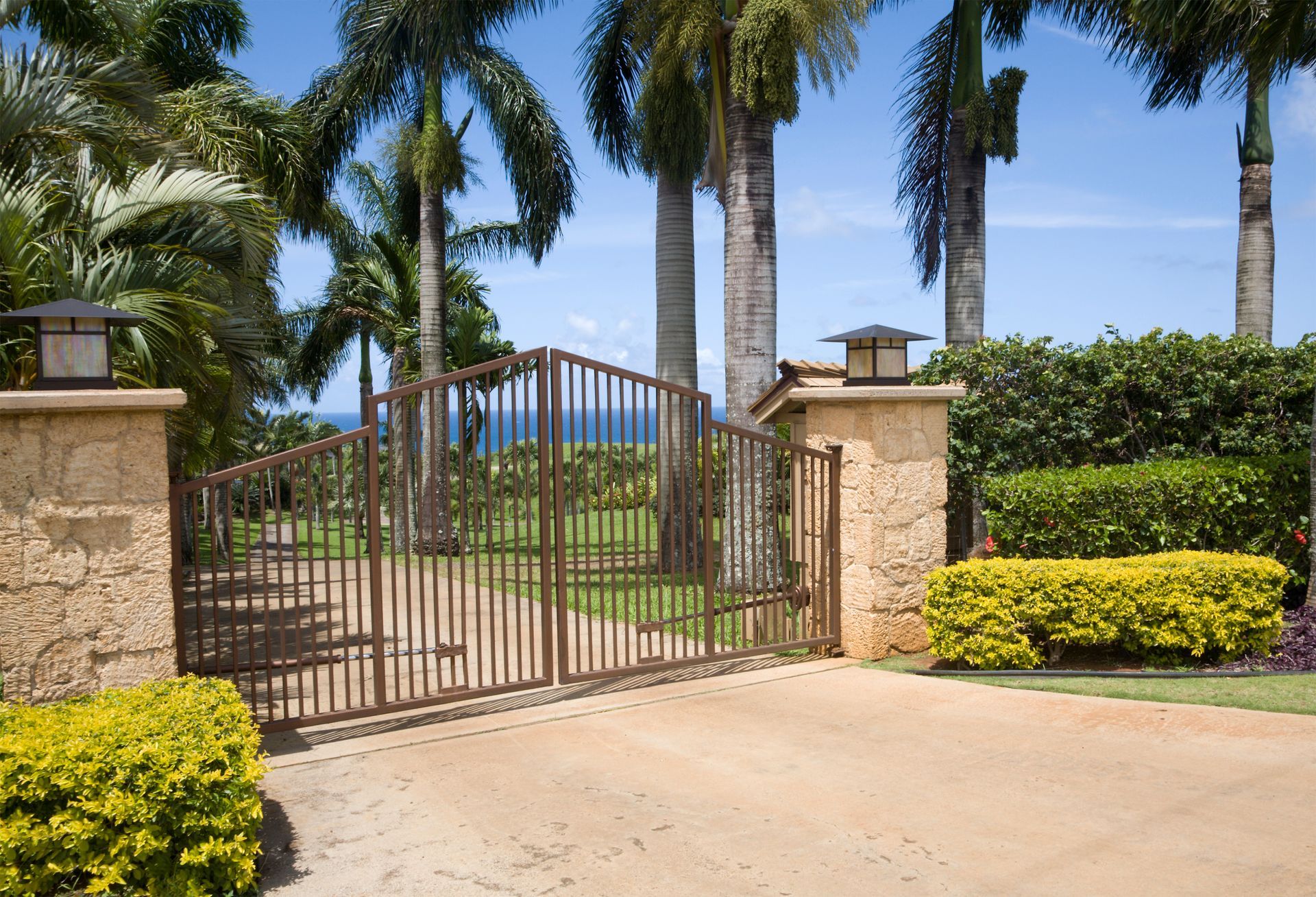 A gated driveway with palm trees in the background