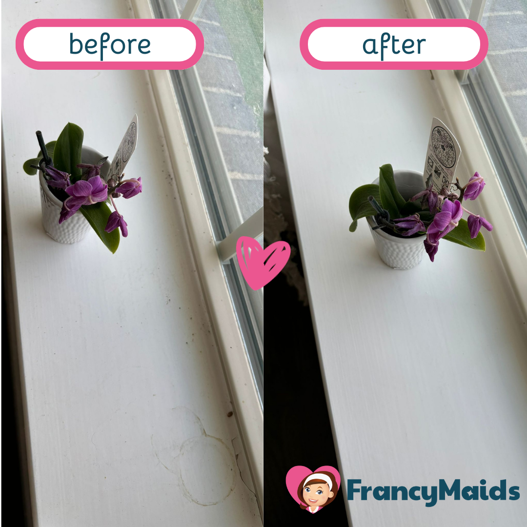 A before and after picture of a window sill