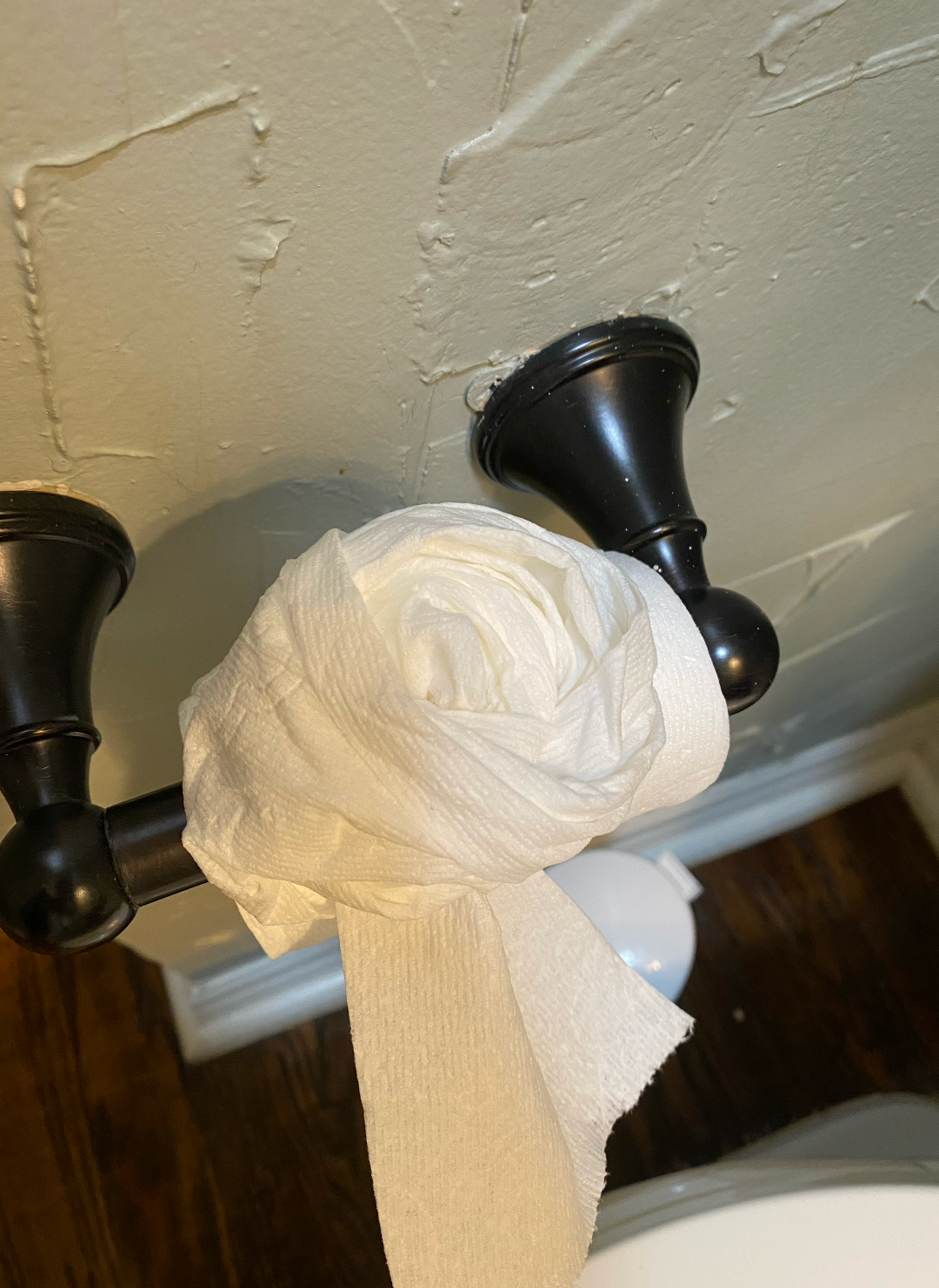 A roll of toilet paper is hanging on a towel rack in a bathroom.