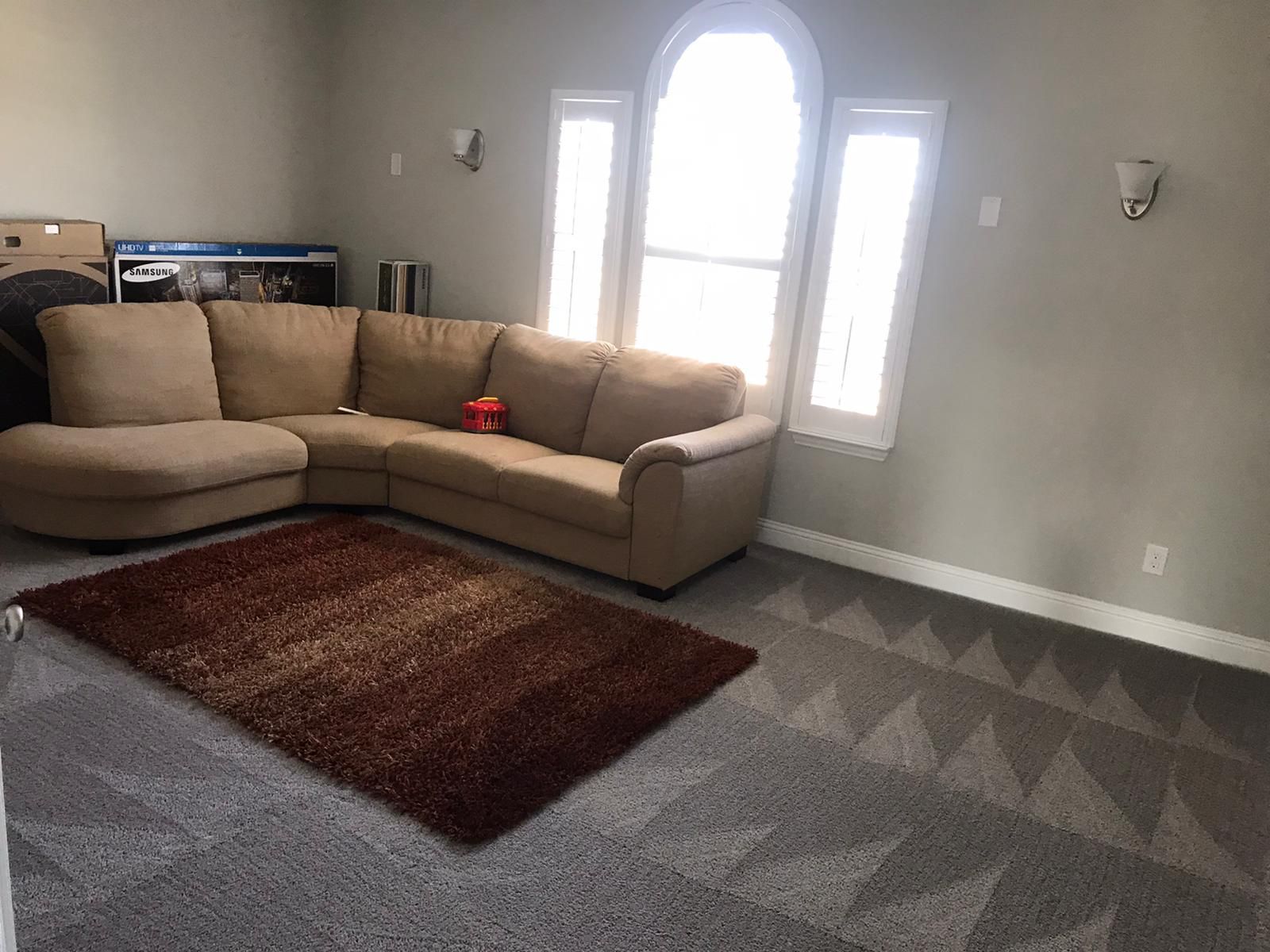 A living room with a sectional couch and a rug