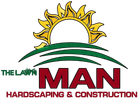 Logo for The Lawn Man: yellow sun over green curved landscape lines, with company name in red and green text below.