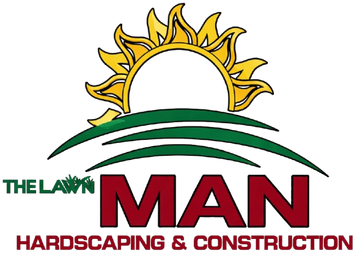 Logo for The Lawn Man: yellow sun over green curved landscape lines, with company name in red and green text below.