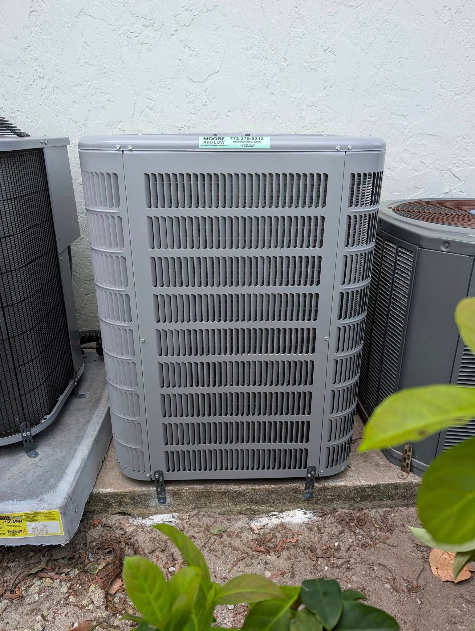 A couple of air conditioners are sitting on a sidewalk next to a plant.