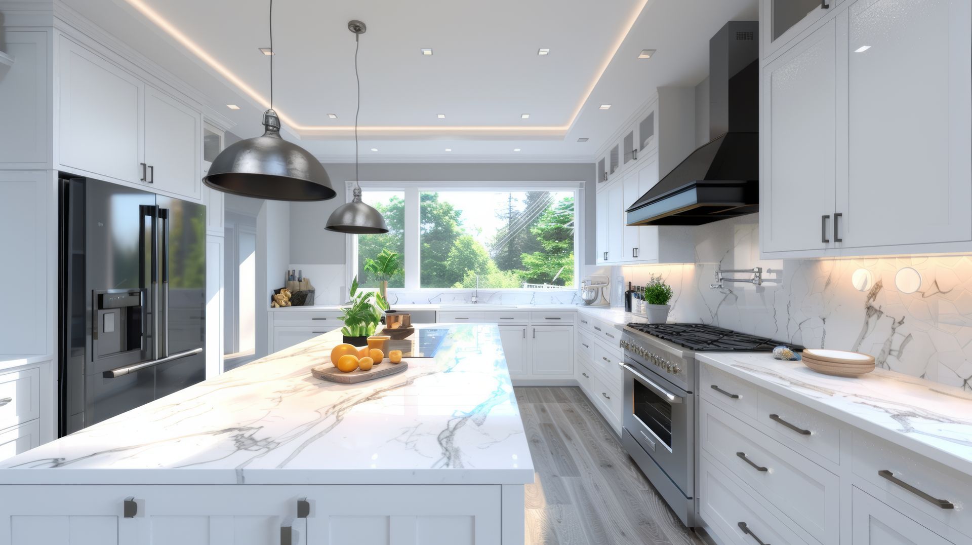 Elegant white marble kitchen countertops featuring a large island in a modern luxury home.