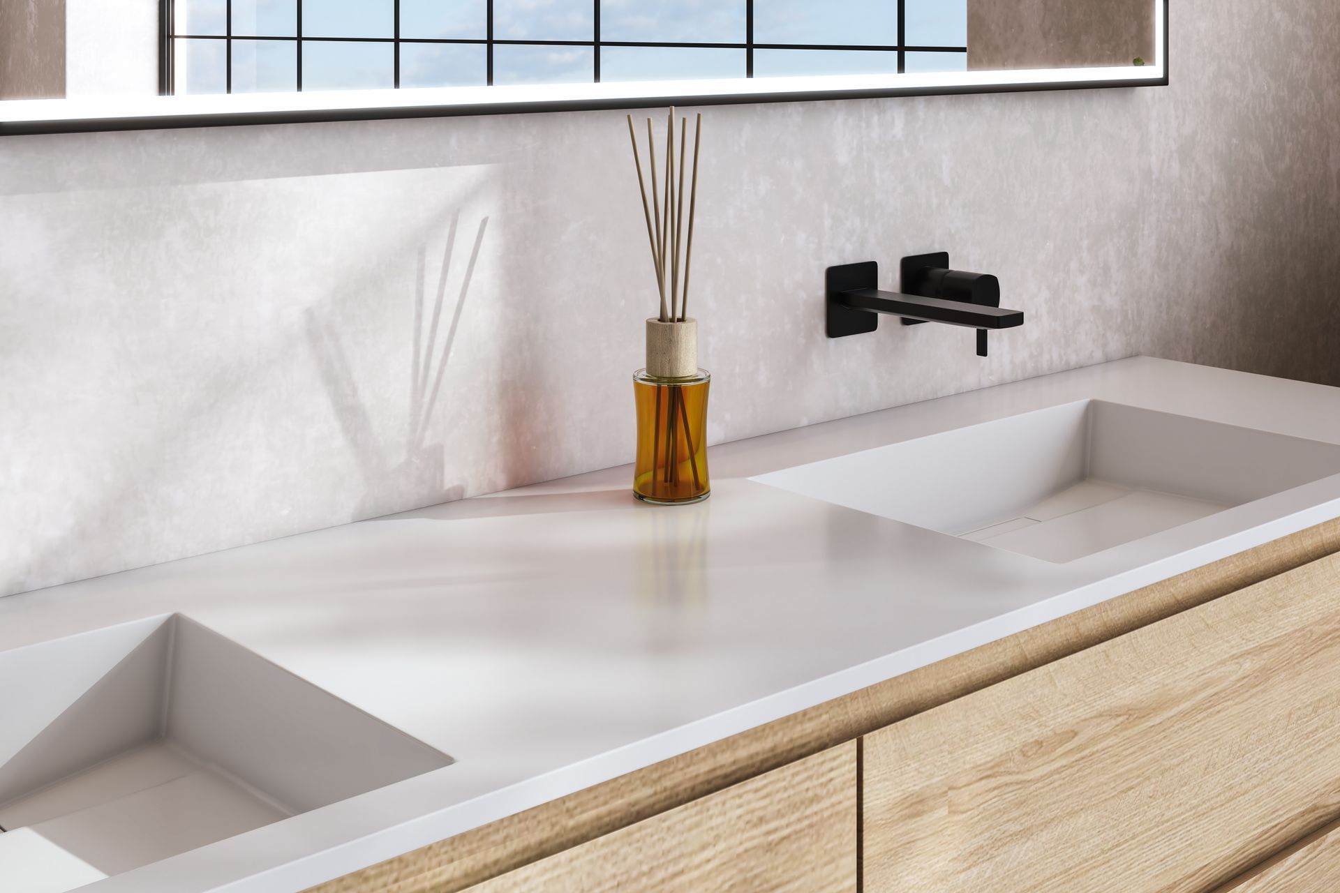 Modern bathroom vanity with two sinks, a wall-mounted faucet, and a reed diffuser on a white countertop.