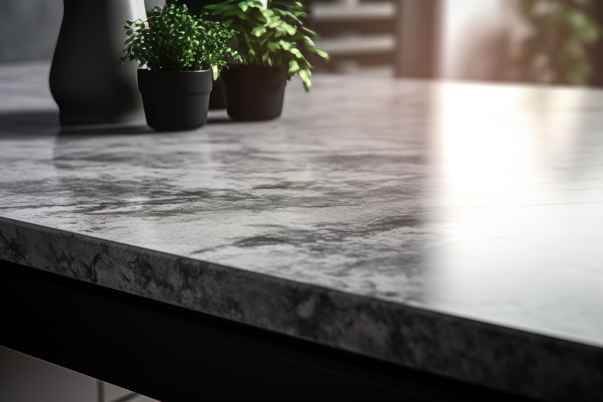 Close-up view of durable gray and white polished stone kitchen countertops in a kitchen.