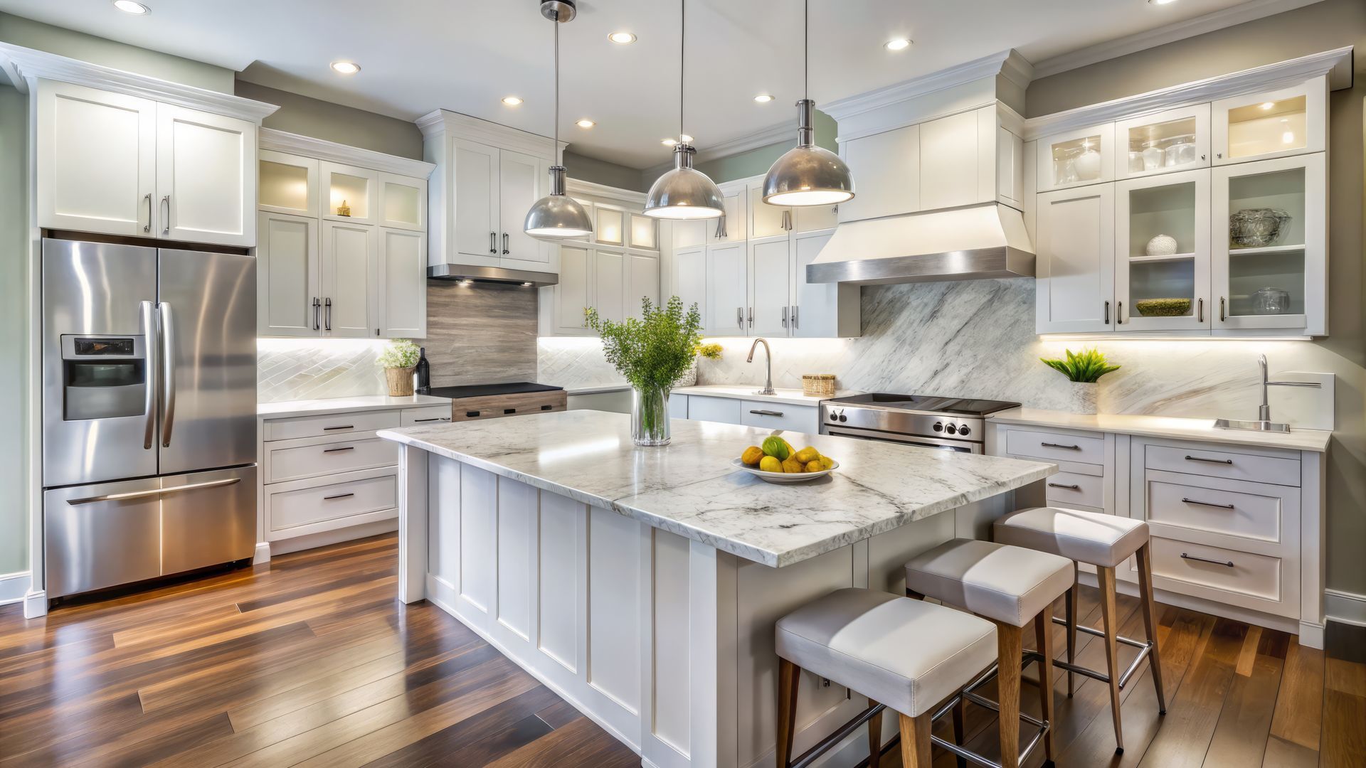 Modern white kitchen with marble island and custom countertops in bright open layout.