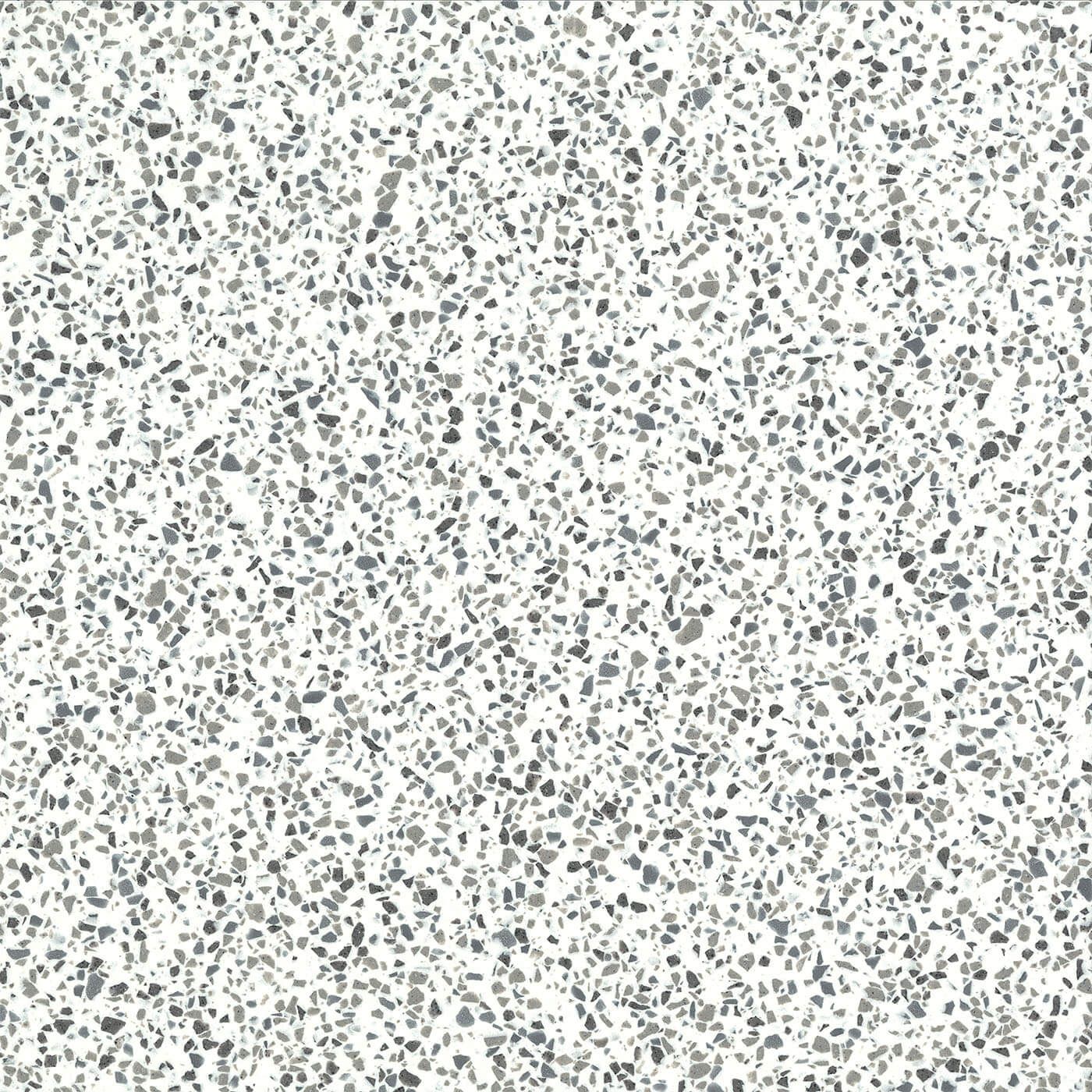 White terrazzo pattern with gray and blue flecks.