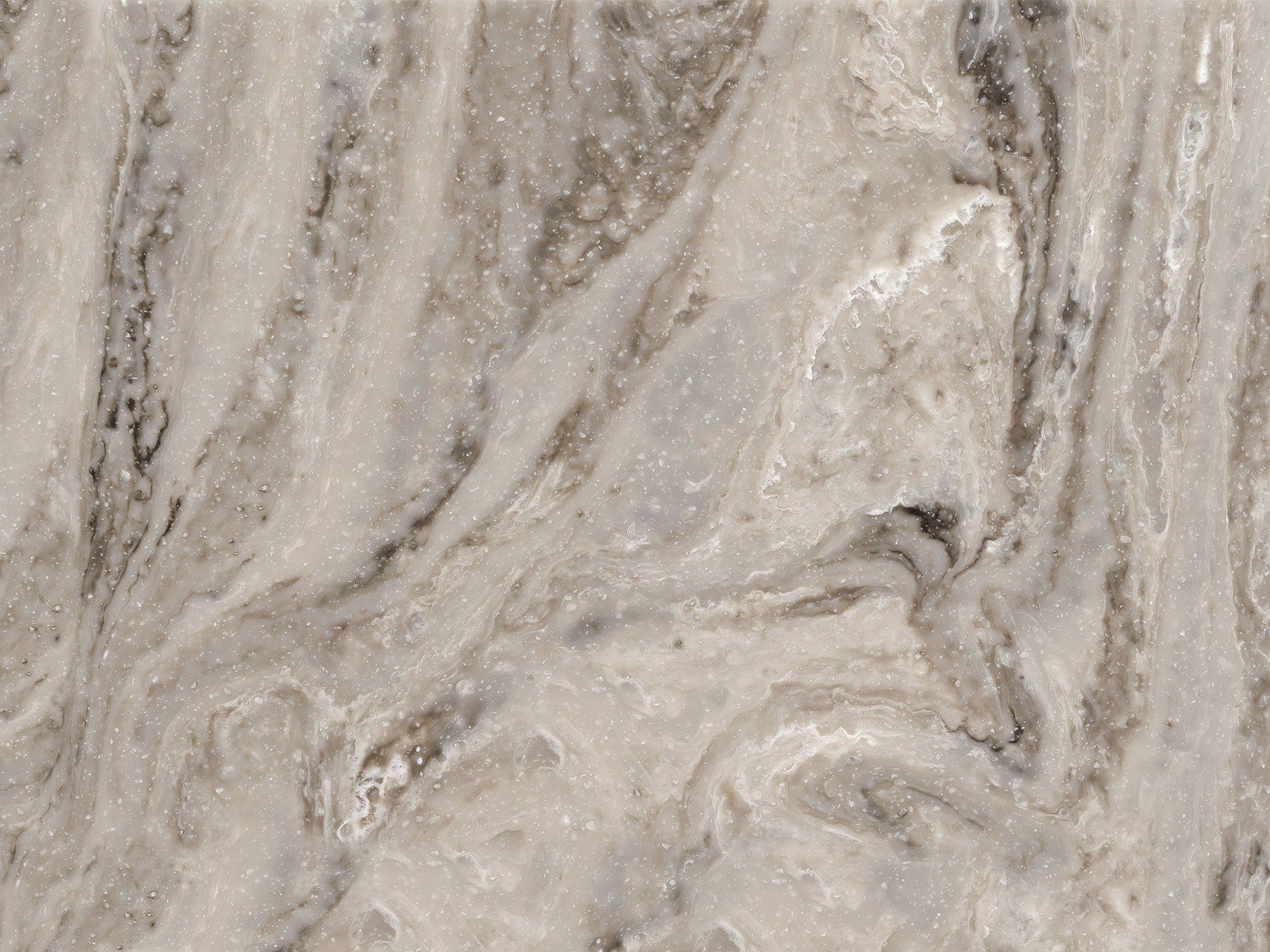Swirled quartz countertop in shades of beige, gray, and white with subtle sparkling inclusions.
