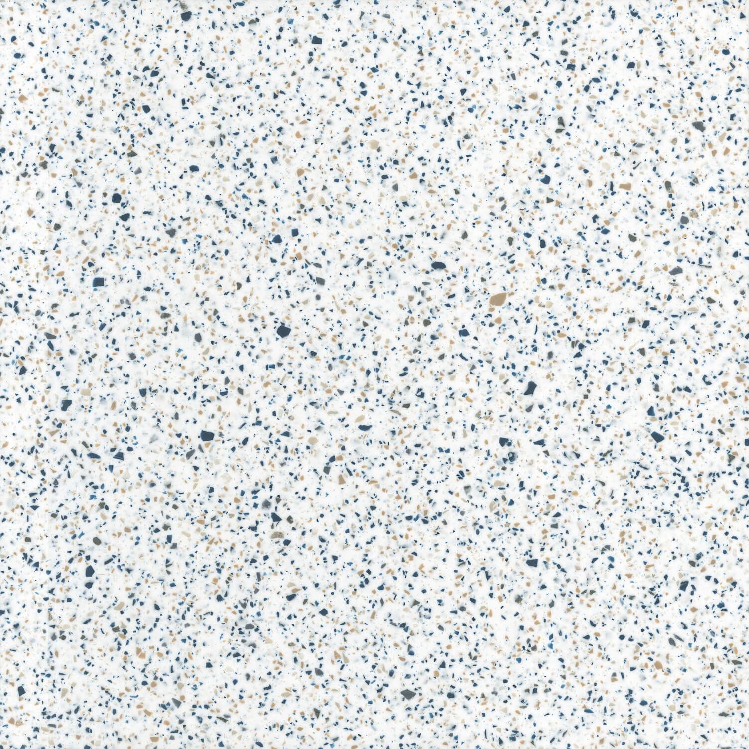 White speckled terrazzo pattern with flecks of blue and tan.