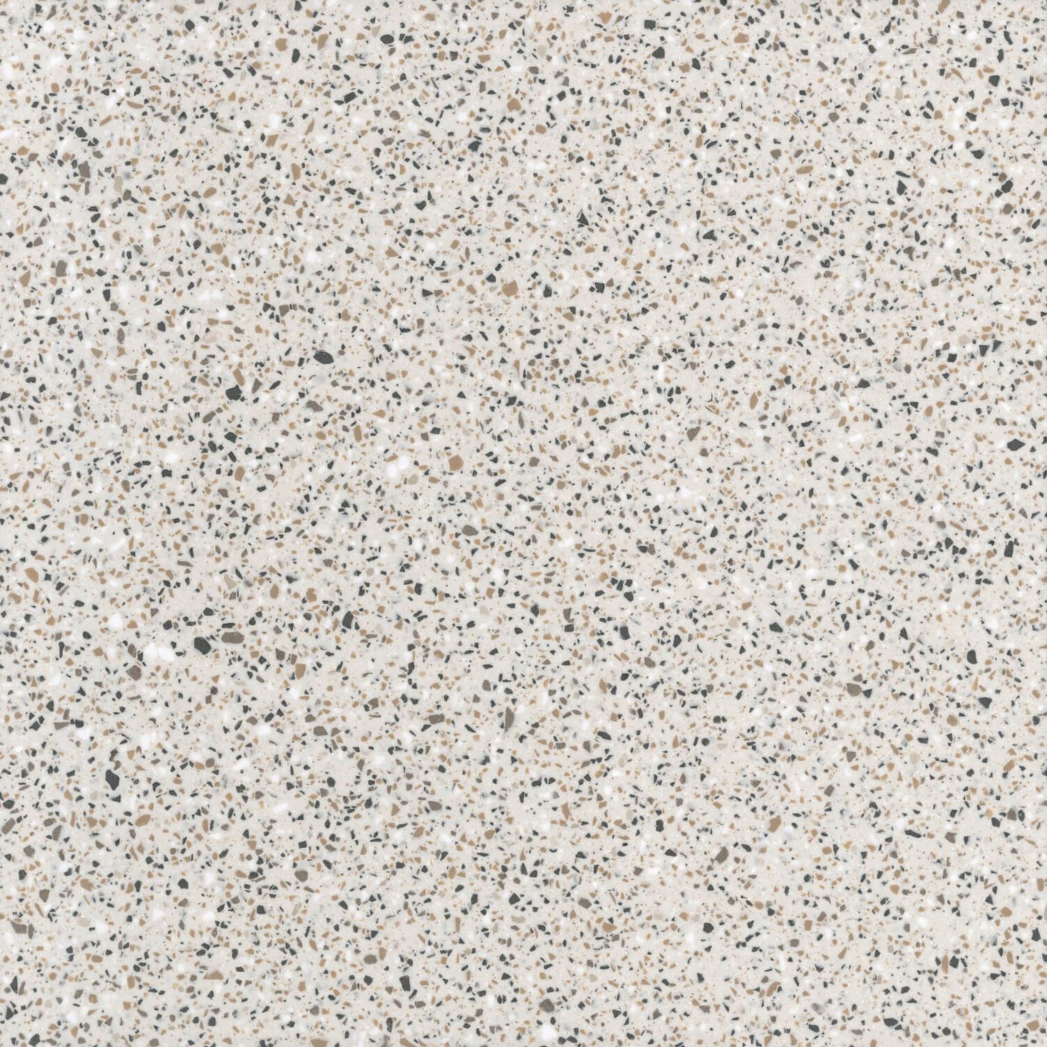Close-up of a speckled, light-colored terrazzo surface with dark and neutral-toned aggregate.