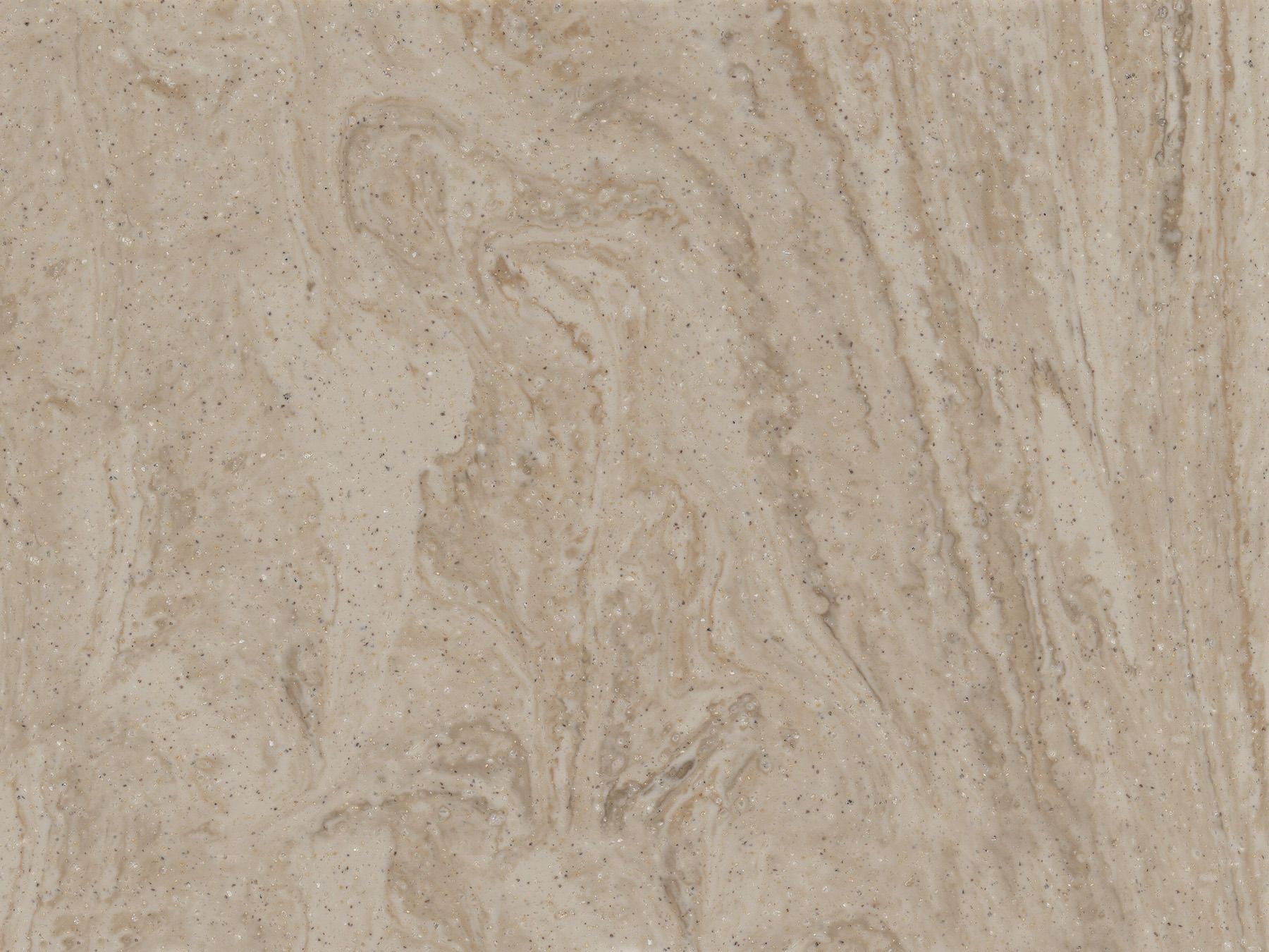 Beige marble-like surface with swirling patterns and speckled texture.