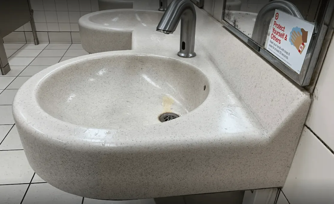 White speckled sink with chrome faucet in a public restroom; small mirror with a sign.