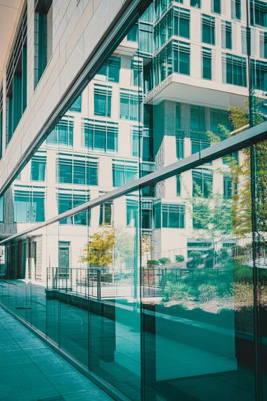 Modern glass office building with teal-tinted reflections and a sunlit walkway