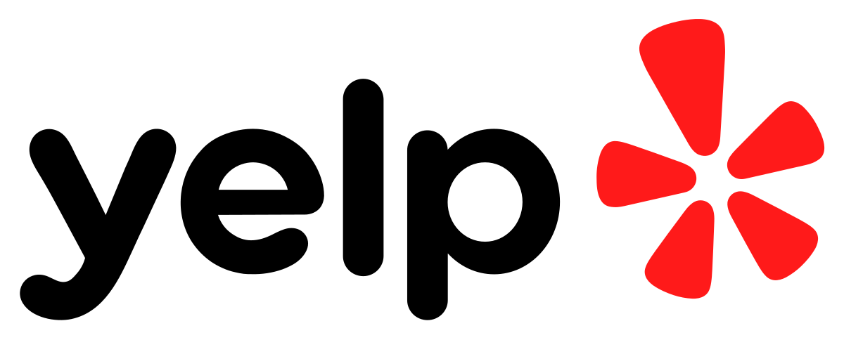 Yelp logo: black text and red flower icon.