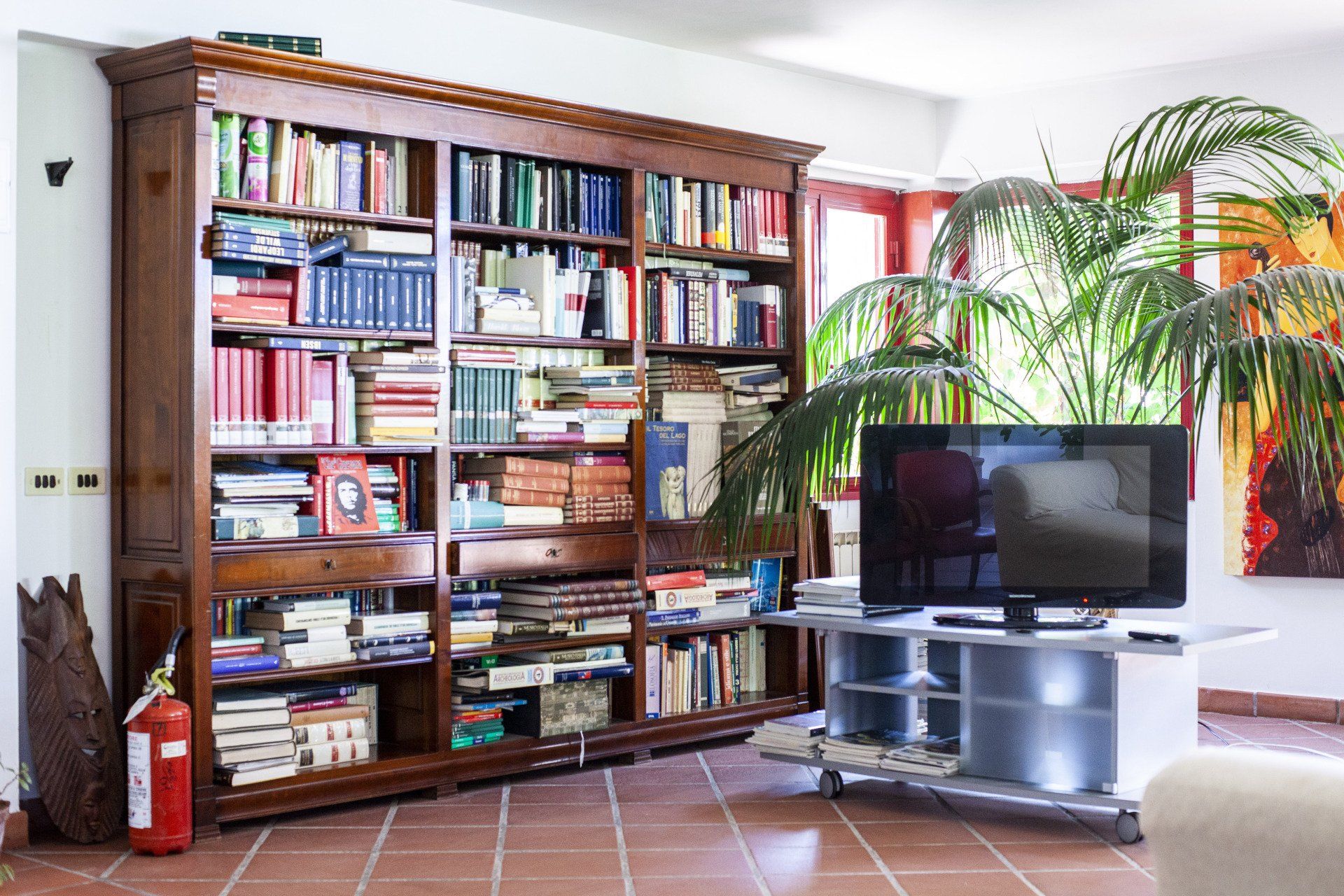 Un soggiorno con una grande libreria e una tv a schermo piatto