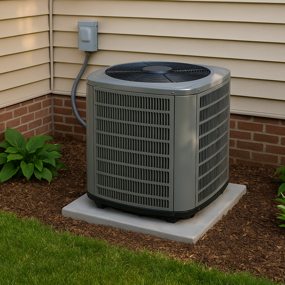 White air conditioner on a wall above a window with gray curtains; interior shot.