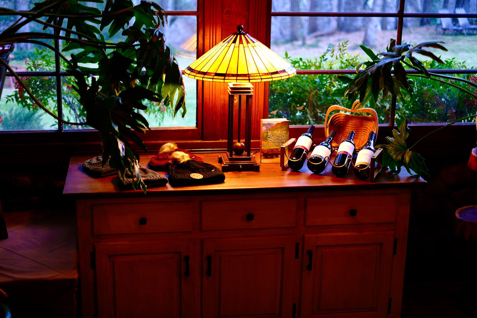 Wooden cabinet with lamp, wine bottles, and plants in front of a window overlooking a garden.