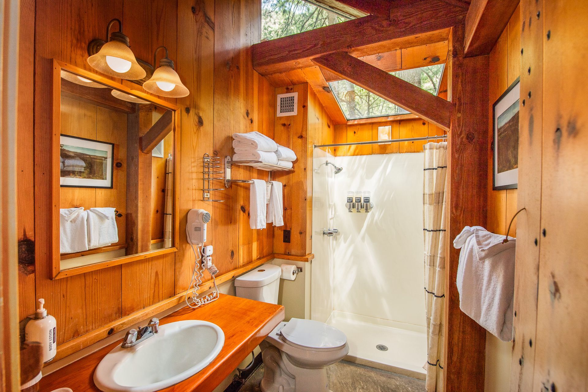 Bathroom with wood paneling, a sink, toilet, shower, and vanity mirror.