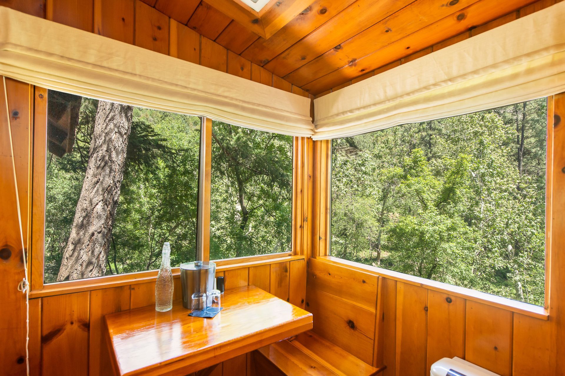 Cozy wooden room with a table, looking out onto a lush green forest through large windows.