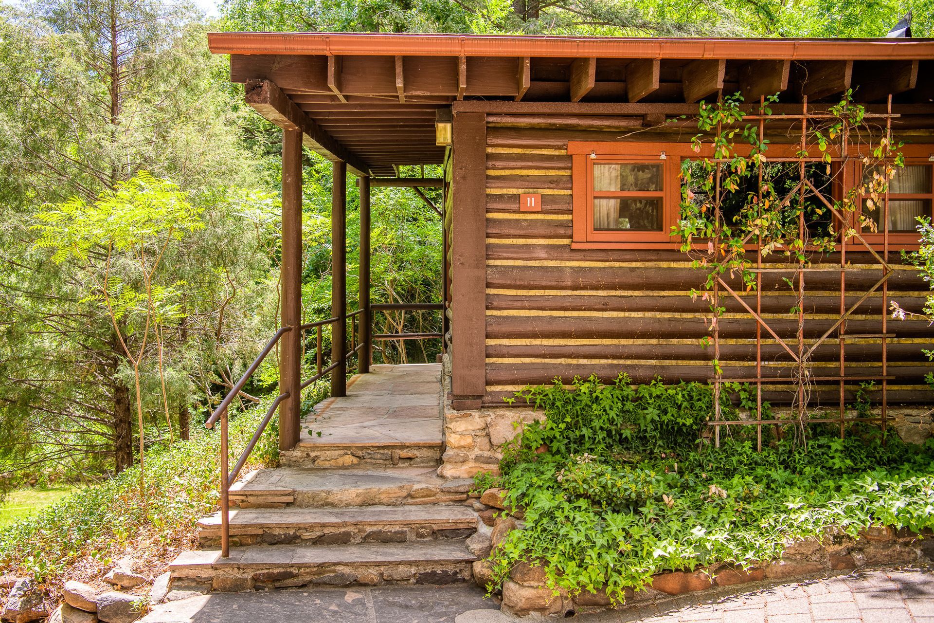 Log cabin with stone steps, covered porch, and climbing ivy.