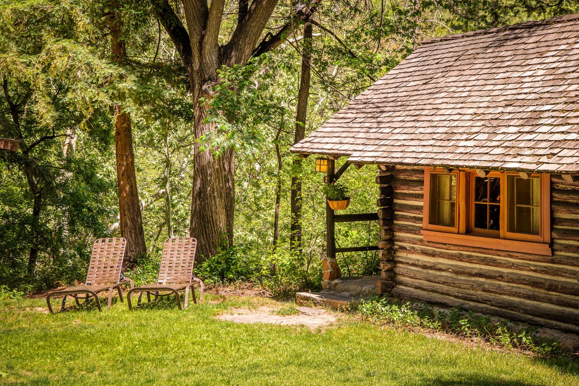 Log cabin with two chairs on a grassy lawn, surrounded by trees.
