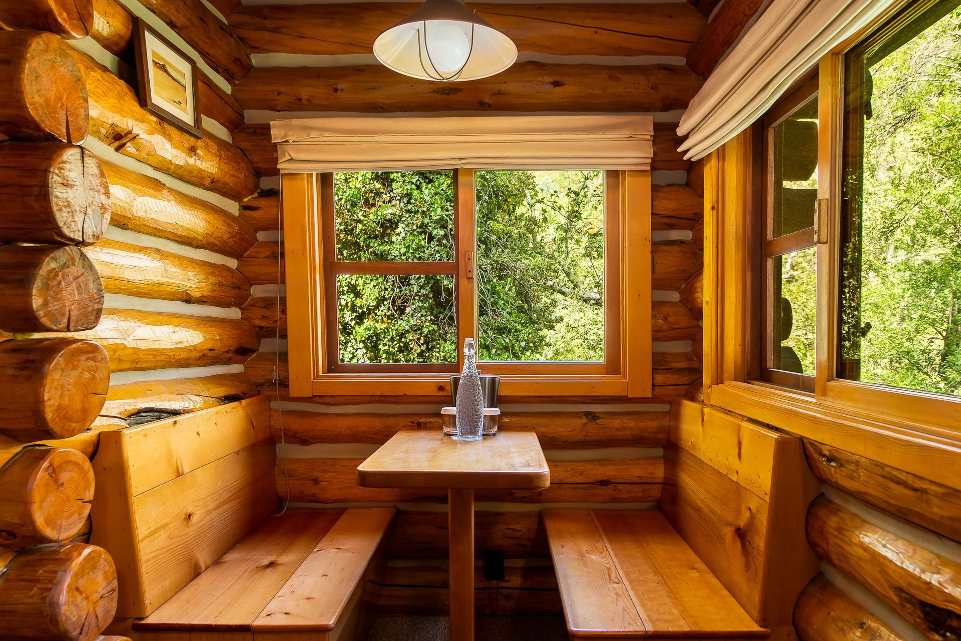 Cozy log cabin booth with wooden table and benches, windows with lush green view.