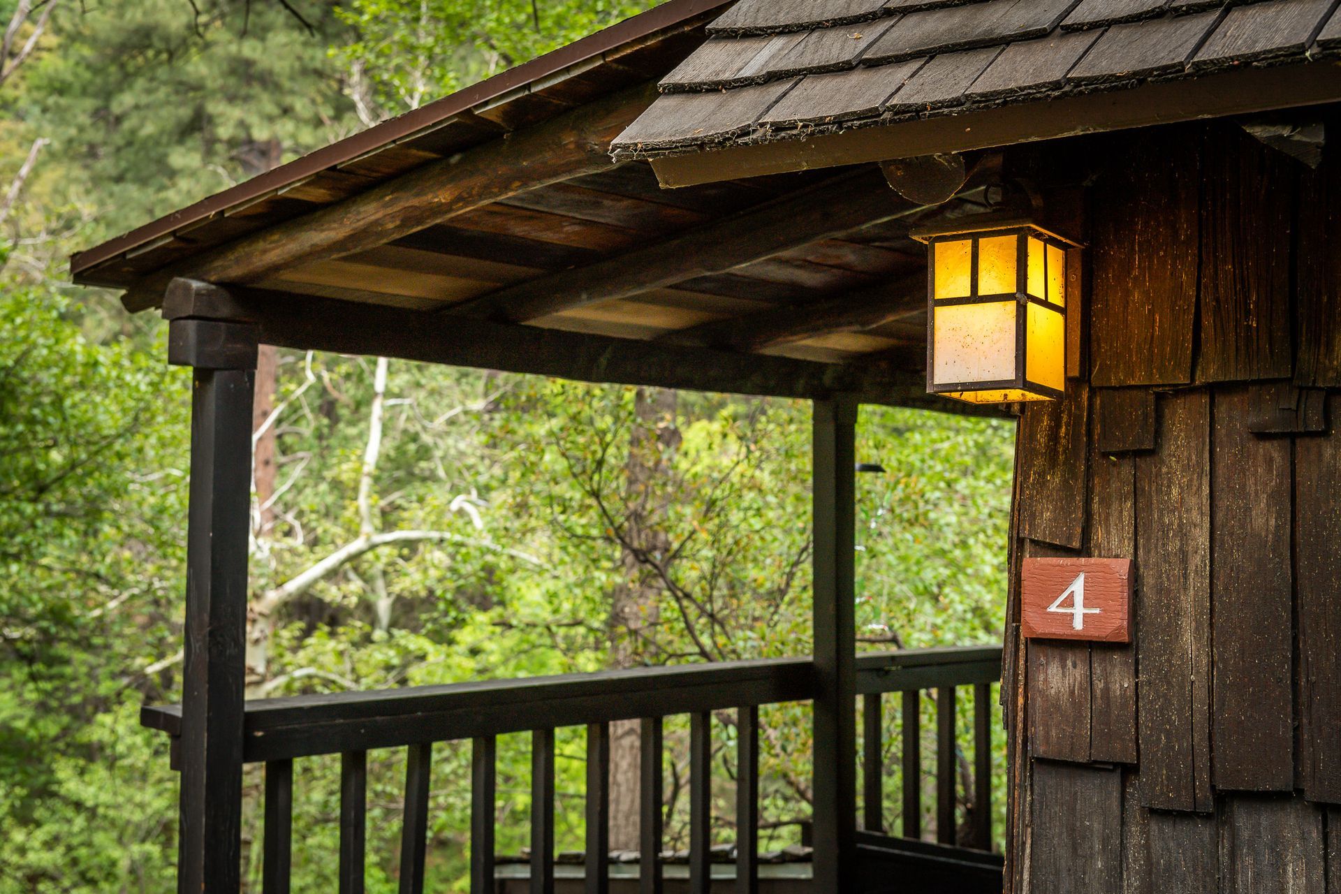 Wooden cabin porch with glowing lantern and number 4 against green foliage.