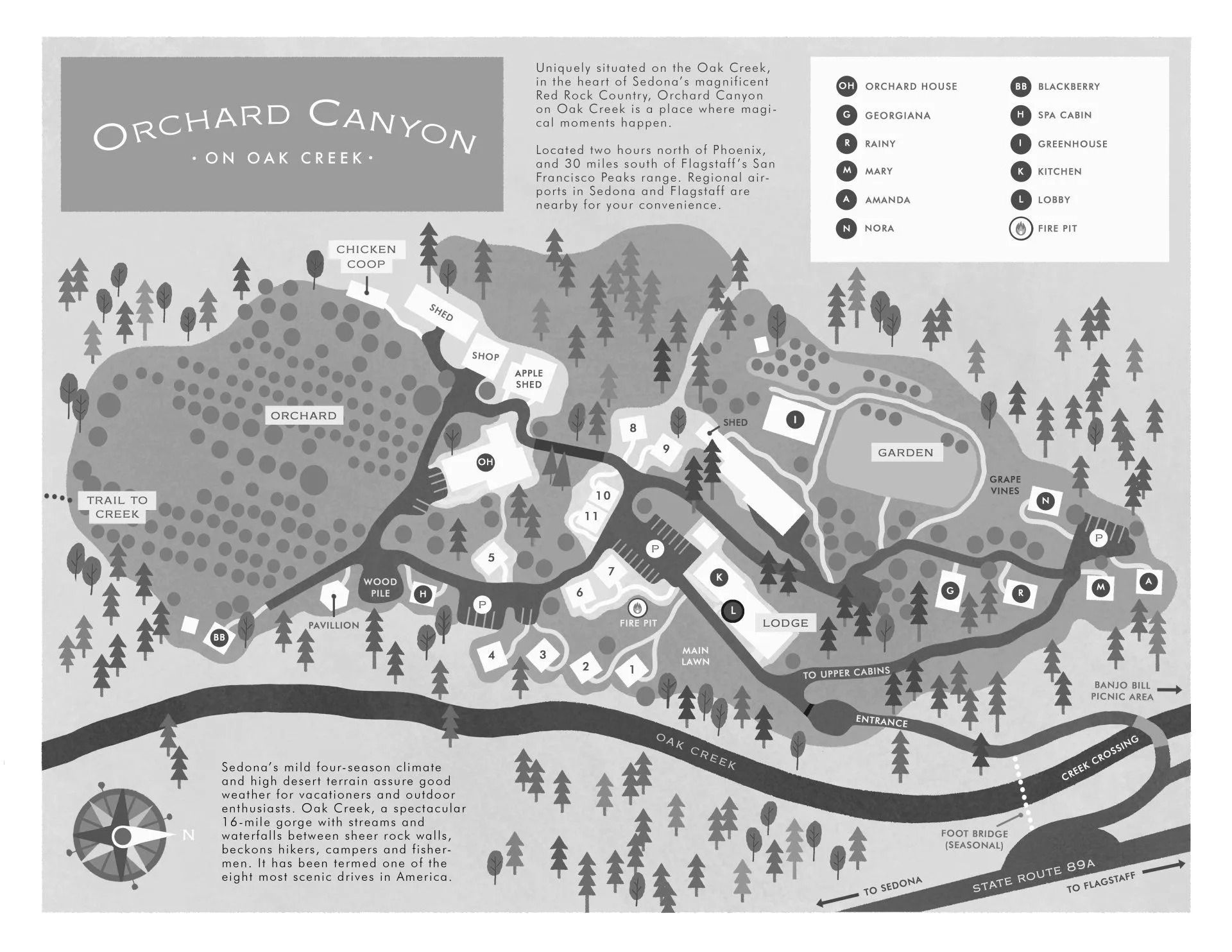 Orchard Canyon map with buildings, trees, roads, and creek.