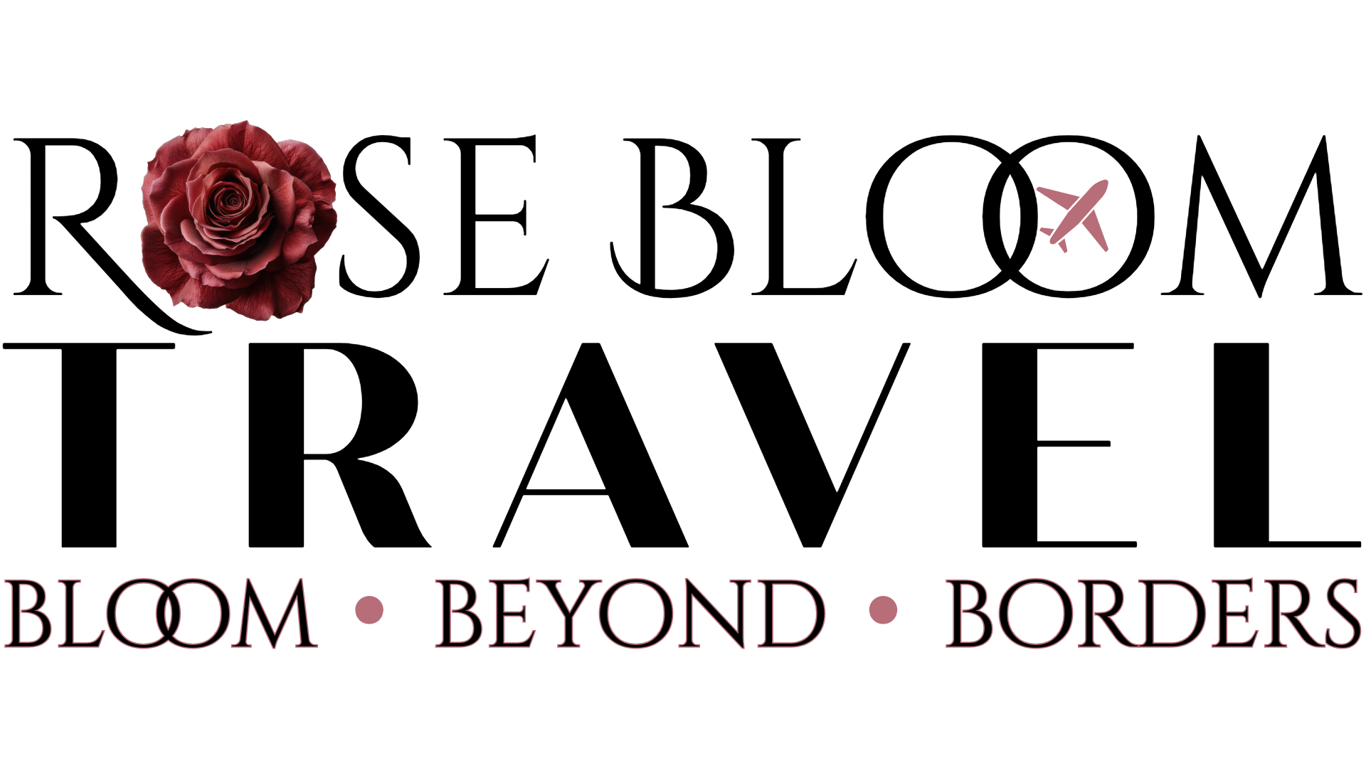 Rose Bloom Travel Logo with deep pink rose and airplane with the tagline: bloom beyond borders