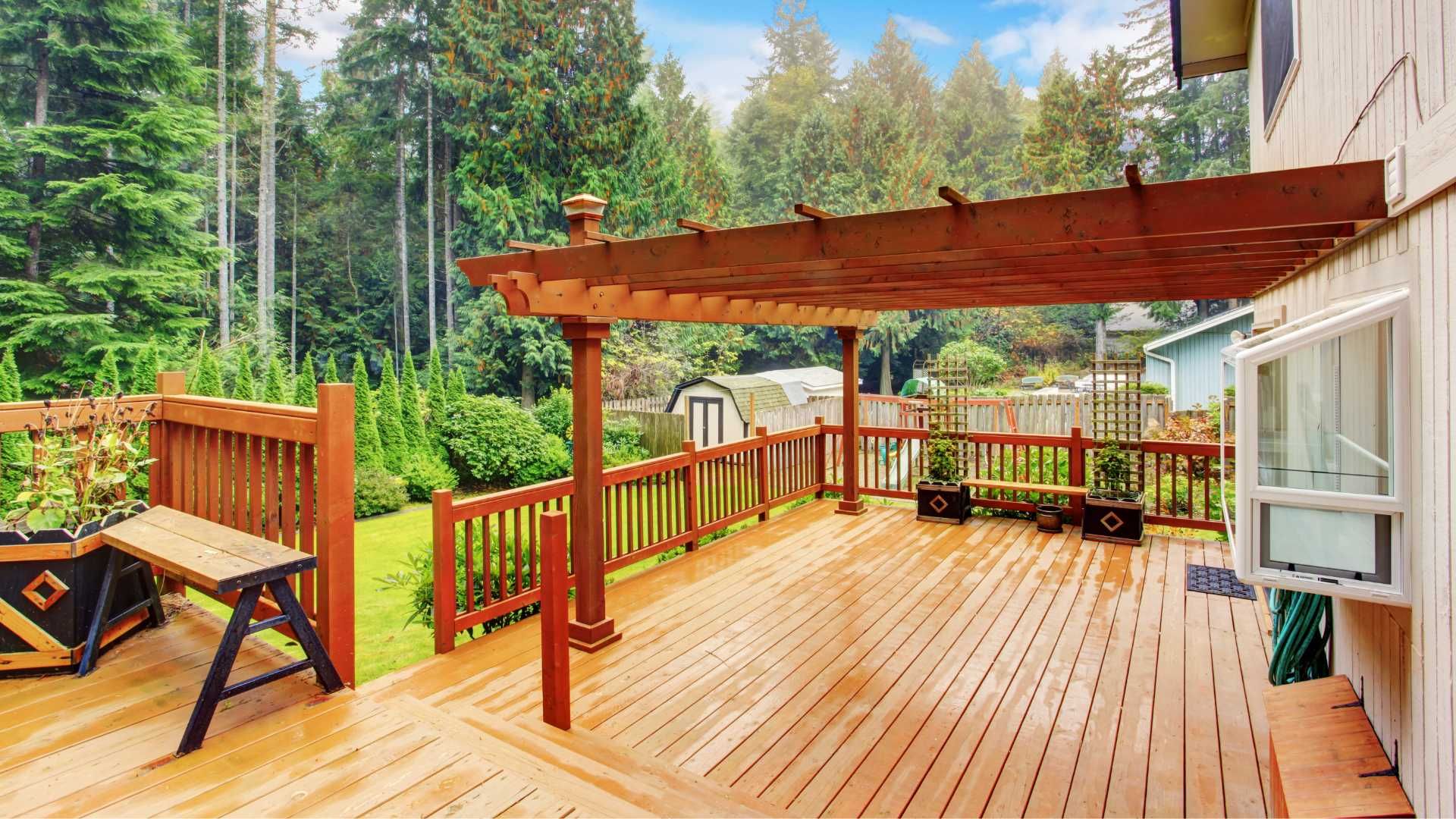 Wooden deck with pergola and railing overlooking a forest in bright daylight