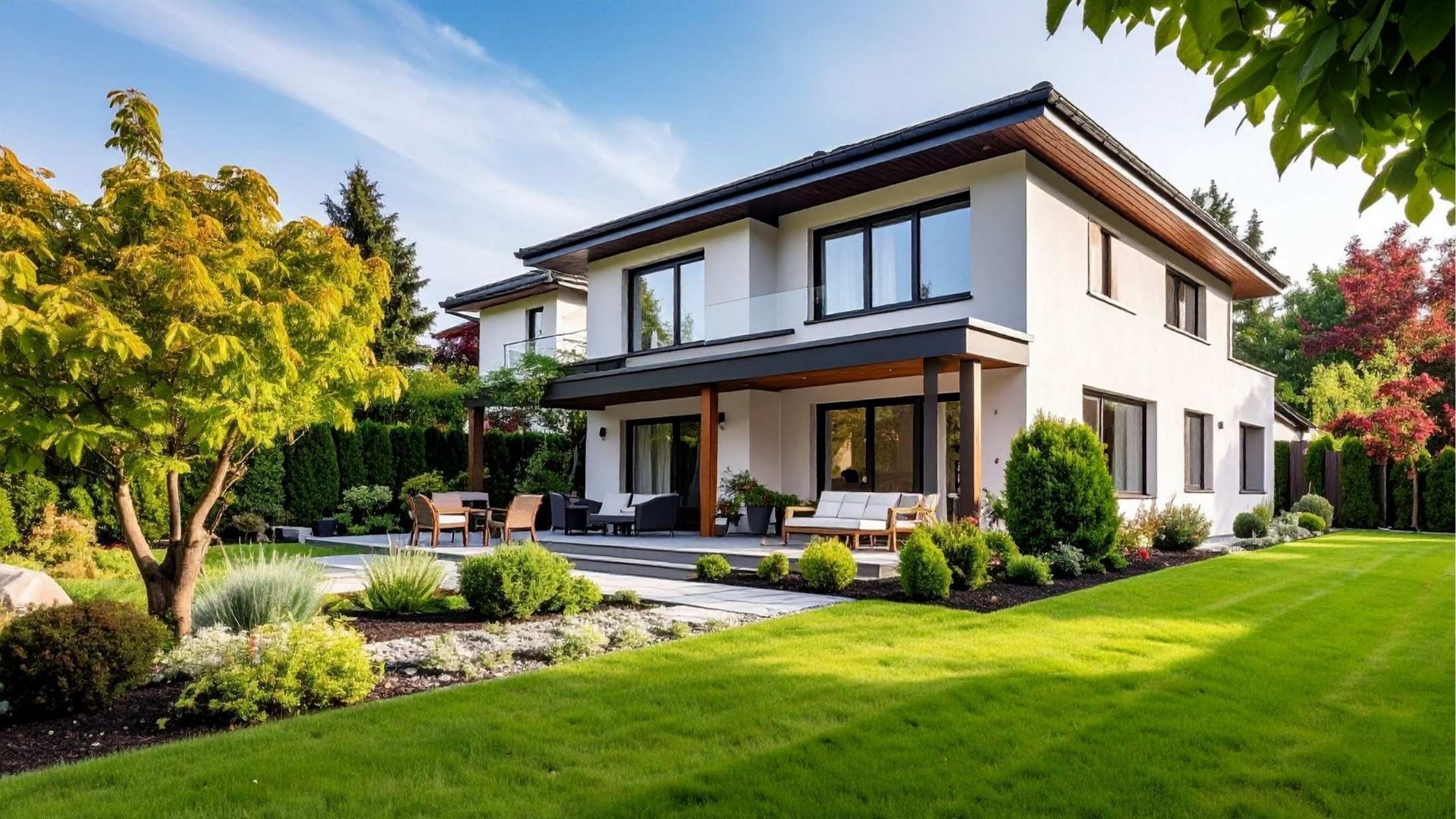 Modern two-story white house with a well-kept lawn, garden beds, and trees in bright sunlight