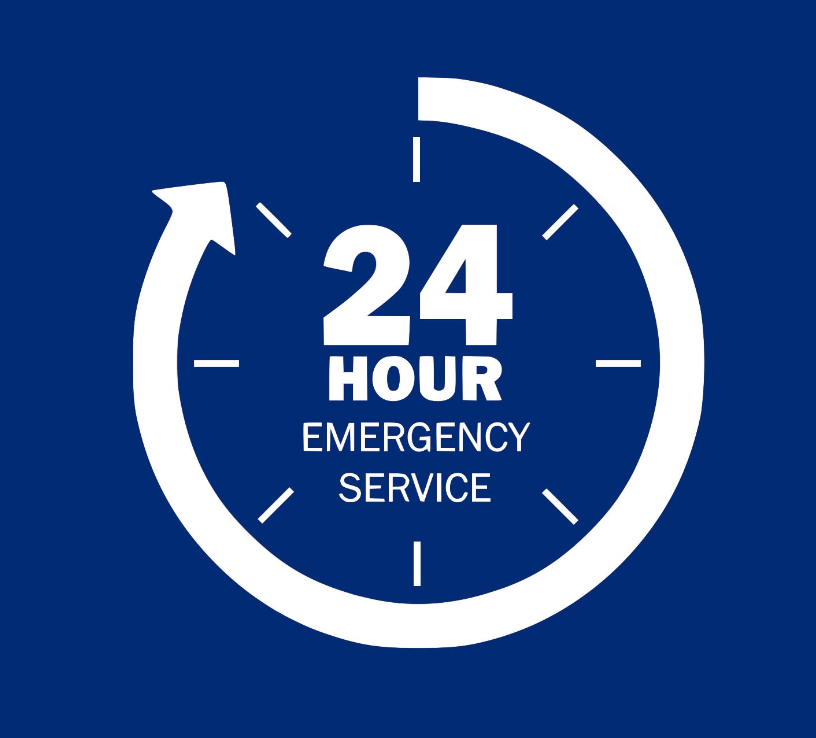 A 24 hour emergency service logo on a blue background