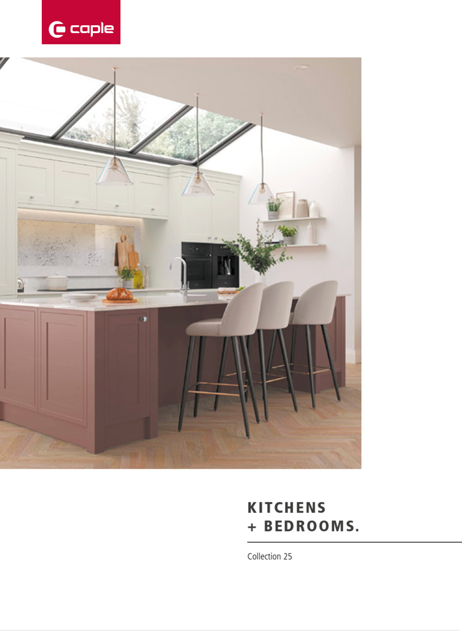 A brochure for kitchens and bedrooms shows a kitchen with blue cabinets and a couch.
