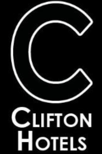 The logo for clifton hotels is white on a black background.