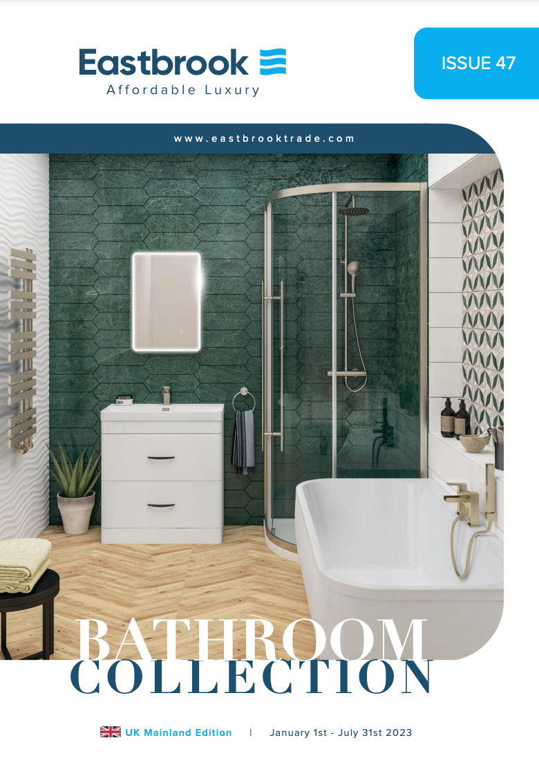 A bathroom collection brochure with a bathtub , sink , mirror and shower.