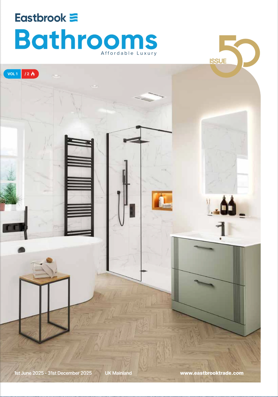 A bathroom collection brochure with a bathtub , sink , mirror and shower.