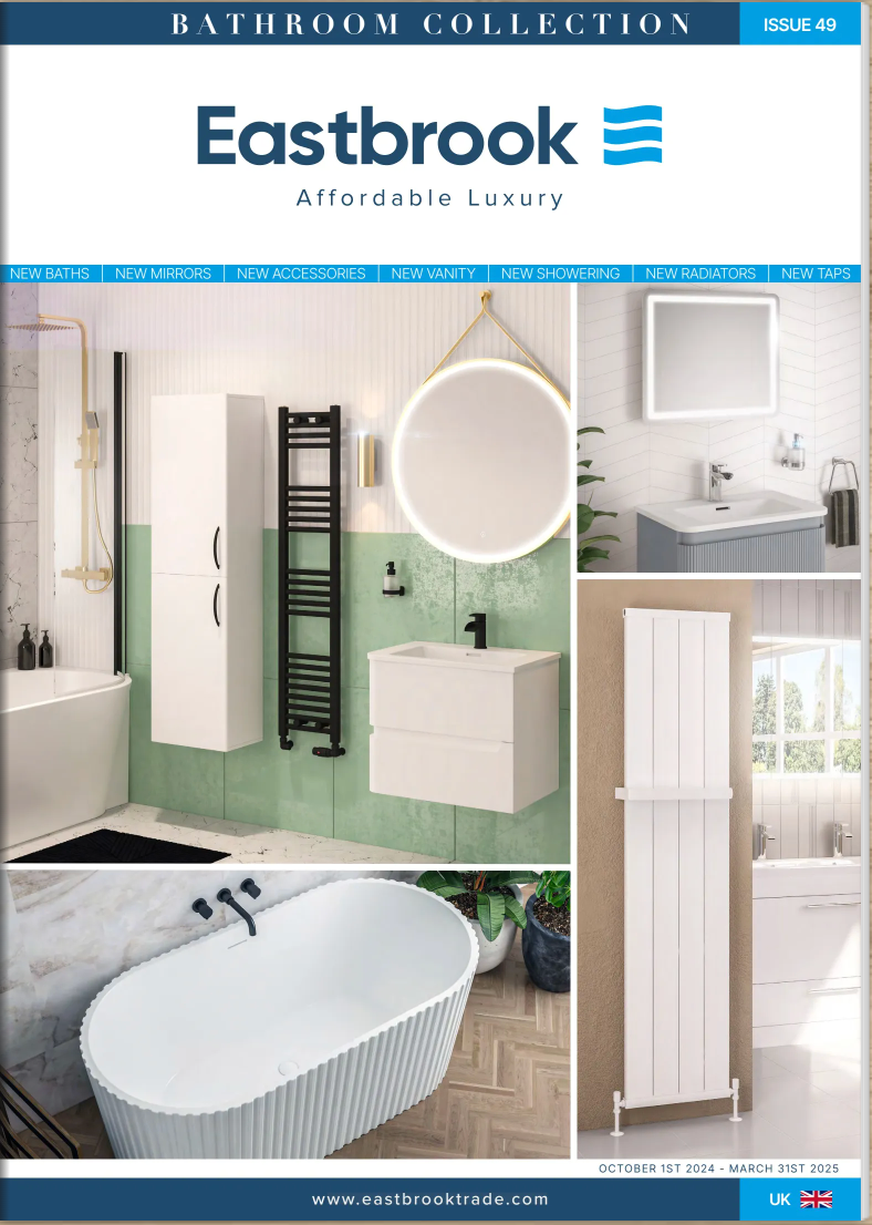 A bathroom collection brochure with a bathtub , sink , mirror and shower.