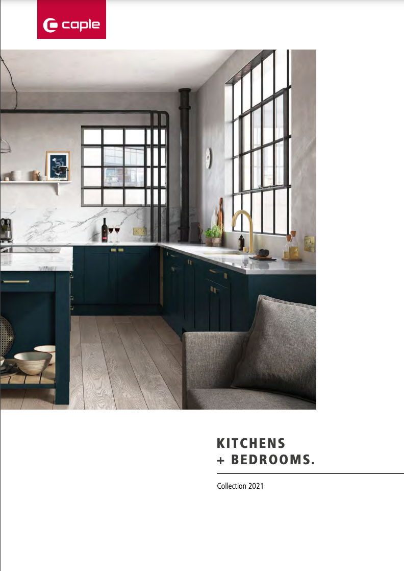 A brochure for kitchens and bedrooms shows a kitchen with blue cabinets and a couch.